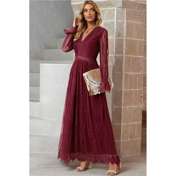 Women's Scalloped Hem Flounce Sleeve Lace V-Neck Maxi Dress - Picture 8 of 9